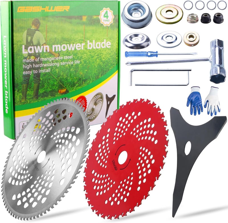 Azushwer 10" x 80T Carbide Tip Brush Cutter Trimmer Blades & 9" x 36 Teeth Carbide Tipped Blades & 10" x 3 Teeth Carbon Blades with Adapter Kit - Image 1